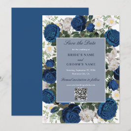 Reserve A Data Casamento com Código QR de Cor Floral Azul Moderno