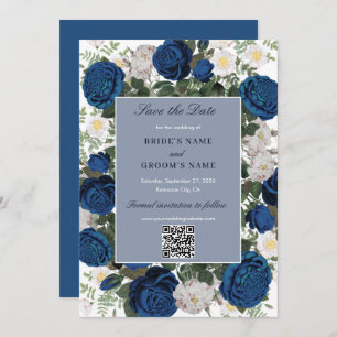Reserve A Data Casamento com Código QR de Cor Floral Azul Moderno