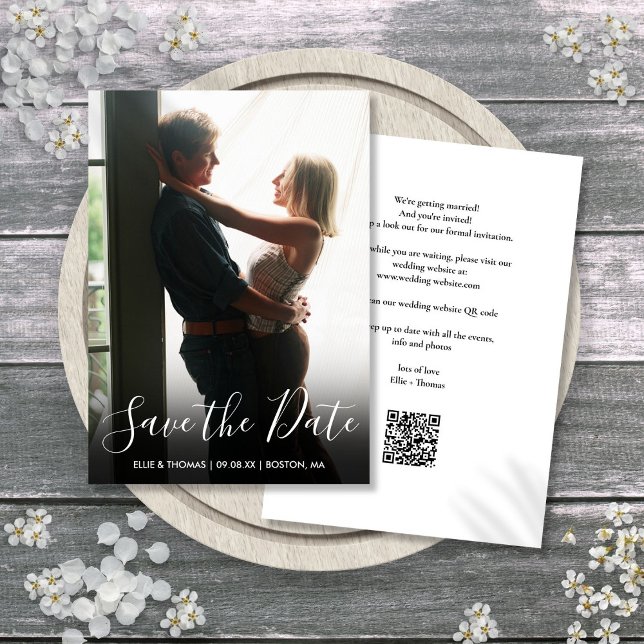 Reserve A Data Casamento com Código QR de Foto Elegante (Elegant Script Photo QR Code Wedding Save The Date)
