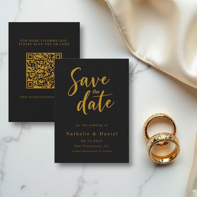 Reserve A Data Casamento com código QR Dourado e preto elegante (Criador carregado)