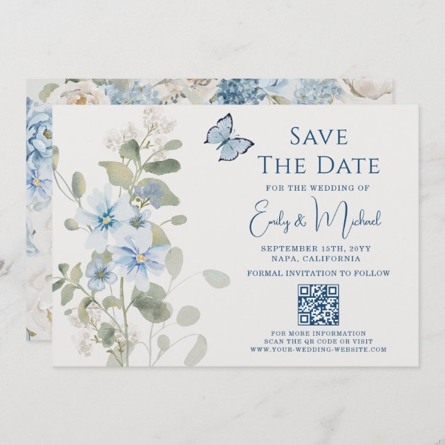 Reserve A Data Casamento com Código QR Floral Azul Romântico Dust (Frente/Verso)