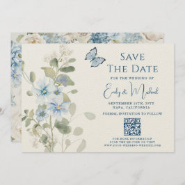 Reserve A Data Casamento com Código QR Floral Azul Romântico Dust