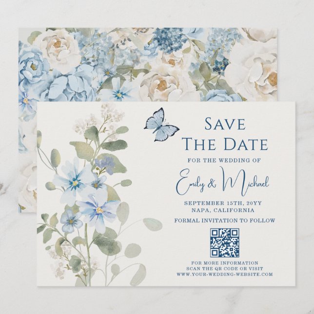 Reserve A Data Casamento com Código QR Floral Azul Romântico Dust (Frente/Verso)