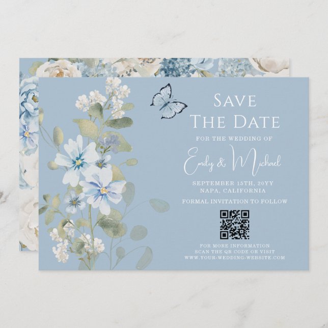 Reserve A Data Casamento com Código QR Floral Azul Romântico Dust (Frente/Verso)