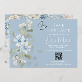 Reserve A Data Casamento com Código QR Floral Azul Romântico Dust