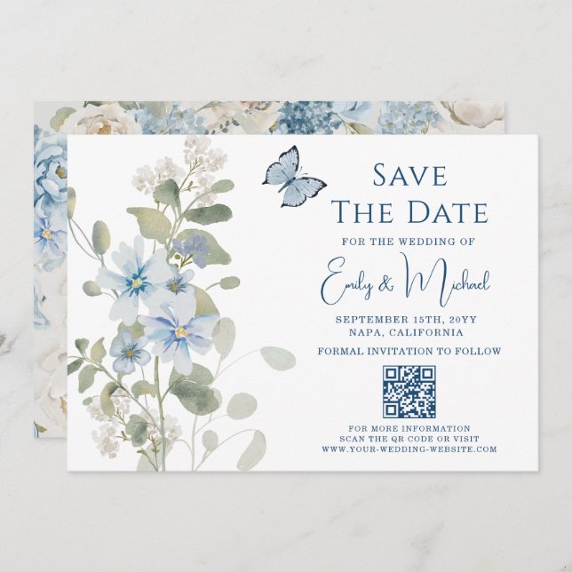 Reserve A Data Casamento com Código QR Floral Azul Romântico Dust (Frente/Verso)
