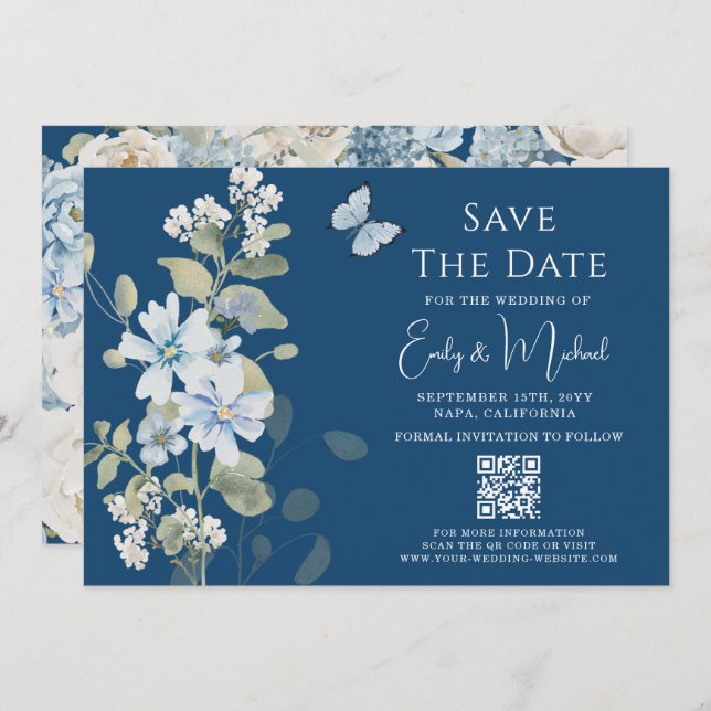 Reserve A Data Casamento com Código QR Floral Azul Romântico Dust (Frente/Verso)