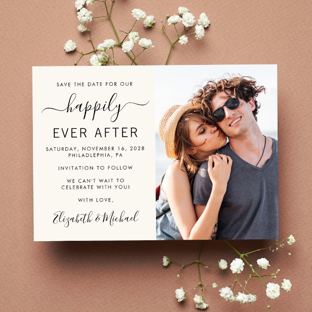 Reserve A Data Casamento com Creme Fotográfico Moderno (A chic happily ever after photo save the date announcement card)