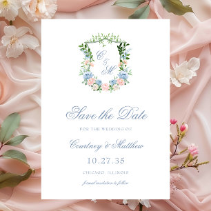Reserve A Data Casamento com Crista Floral Azul Empoeirado