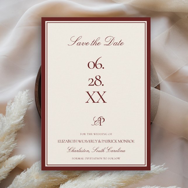 Reserve A Data Casamento com Declaração Formal Moderna da Proprie (deep burgundy wedding save the date quiet luxury old money double frame formal modern statement)