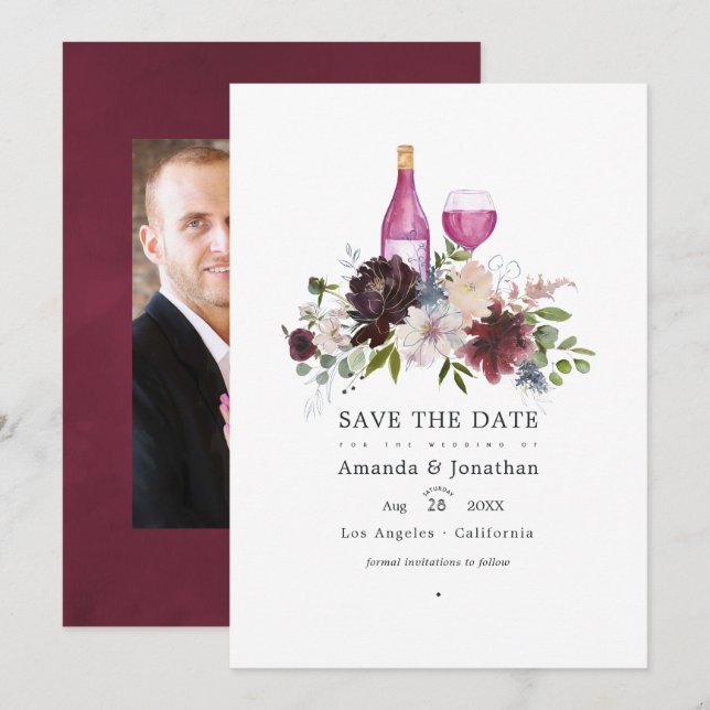 Reserve A Data Casamento com Degustação de Vinho Burgundy e Blush (Frente/Verso)