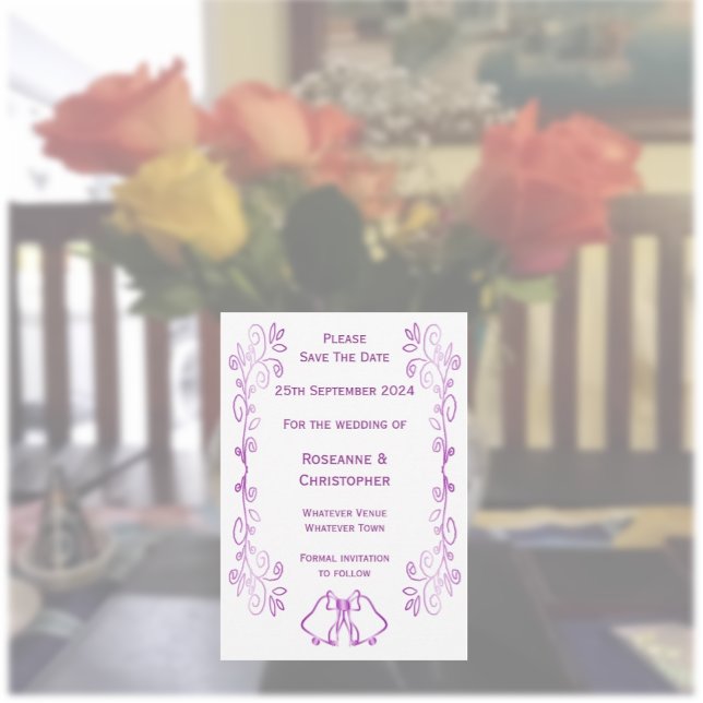 Reserve A Data Casamento com Design de Rolagem de Bells Roxos (Purple wedding save the date card bells and scrollwork design)
