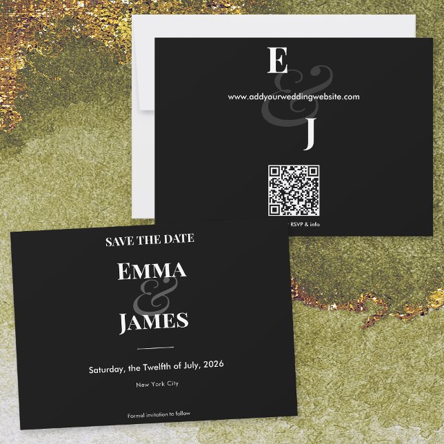 Reserve A Data Casamento com E comercial Preto Reverso | Salve a  (A bold reverse black horizontal Save the Date featuring crisp white typography with an ampersand.)