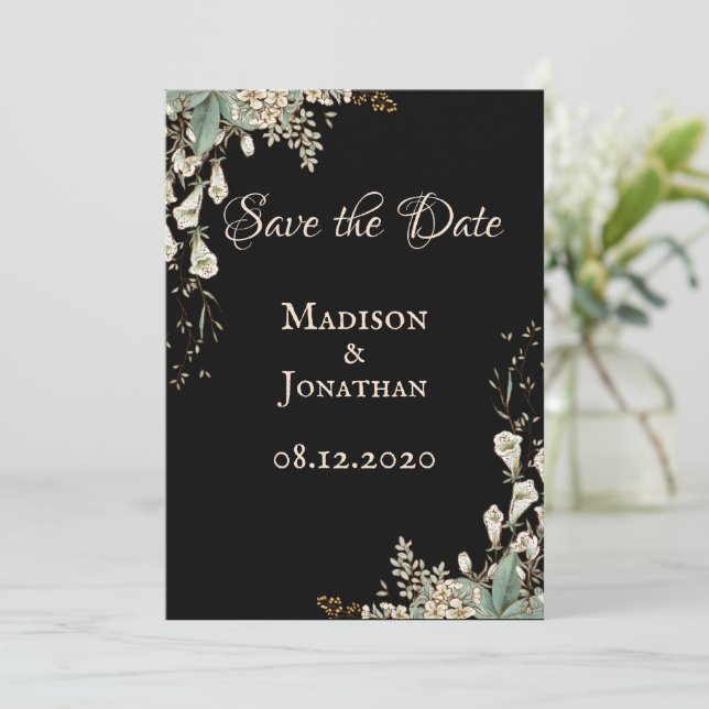 Reserve A Data Casamento com Elegante Letra Floral Preta (Em pé/Frente)