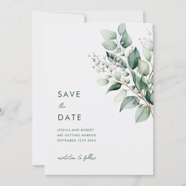 Reserve A Data Casamento com Elegante Minimalismo de Eucalipto Ve (Frente)