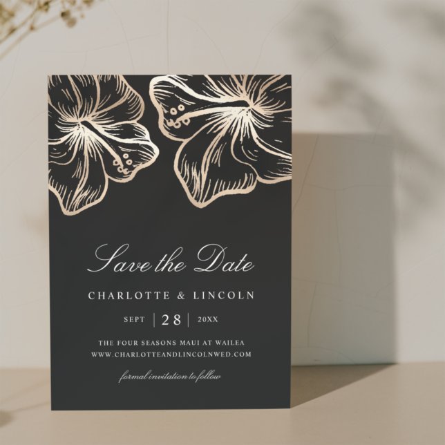 Reserve A Data Casamento com Flor de Hibiscus Dourado Elegante (Criador carregado)