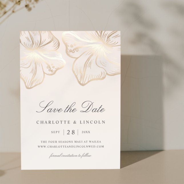 Reserve A Data Casamento com Flor de Hibiscus Dourado Elegante (Criador carregado)