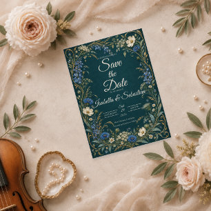 Reserve A Data Casamento com Flor Silvestre Azul Elegante