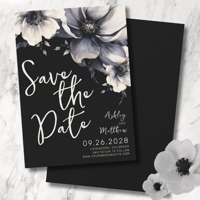 Reserve A Data Casamento com Floral Preto (Script Modern Elegant Floral Black White Wedding Save The Date)