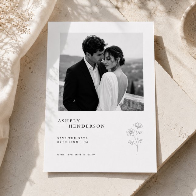 Reserve A Data Casamento com Foto Botânica Simples em Preto e Bra (Criador carregado)
