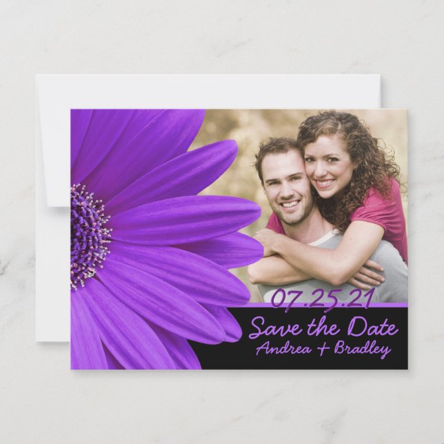 Reserve A Data Casamento com Foto de Flor Roxo Gerbera Daisy (Frente)