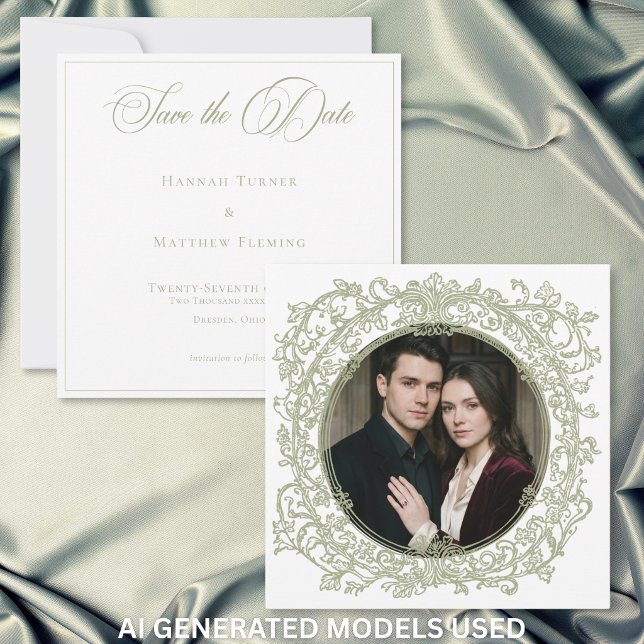 Reserve A Data Casamento com Foto de Jardim com Brasão Verde Eleg (Vintage Elegant Green Crest Garden Photo Wedding Save The Date)