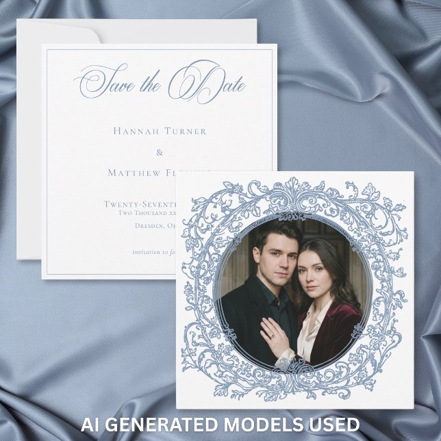 Reserve A Data Casamento com Foto de Jardim com Crista Azul Elega (Vintage Elegant Blue Crest Garden Photo Wedding Save The Date)