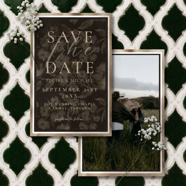 Reserve A Data Casamento com Foto de Padrão Botânico Marrom Rústi (Rustic Brown Botanical Pattern Photo Wedding Save The Date)