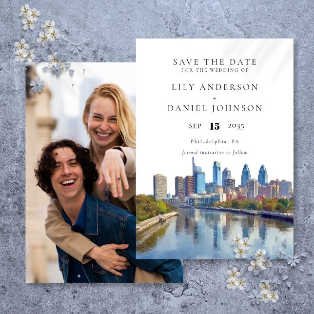Reserve A Data Casamento com Foto de Paisagem Urbana de Filadélfi (Philadelphia Skyline Watercolor Photo Wedding Save The Date)