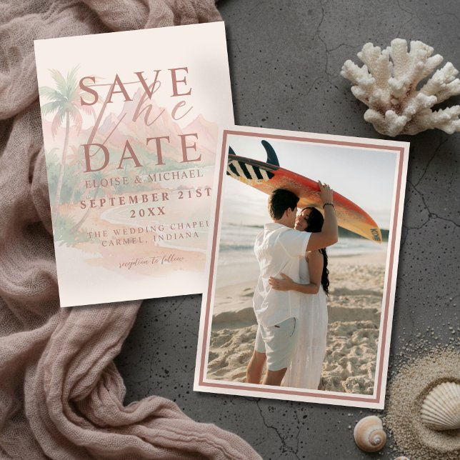 Reserve A Data Casamento com Foto de Praia da Ilha do Pôr do Sol  (Tropical Sunset Island Beach Photo Wedding Save The Date)