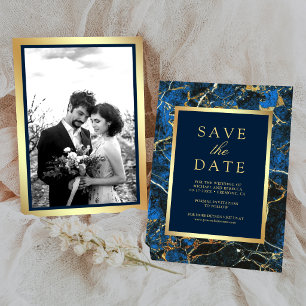 Reserve A Data Casamento com Foto Dourada em Mármore Azul Real