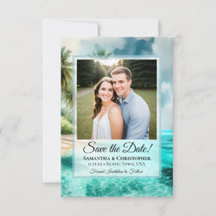Reserve A Data Casamento com Foto e Aquarela de Praia Tropical