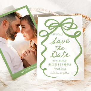 Reserve A Data Casamento com Foto e Laço Verde Ousado Moderno