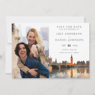 Reserve A Data Casamento com Foto em Aquarela da Silhueta de Lond