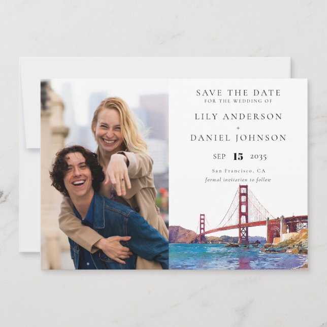 Reserve A Data Casamento com Foto em Aquarela em San Francisco (Frente)