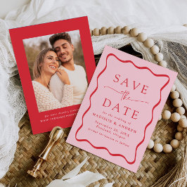 Reserve A Data Casamento com Foto em Moldura Ondulada Rosa e Verm