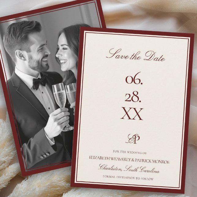 Reserve A Data Casamento com Foto Moderna e Formal da Propriedade (deep burgundy wedding photo save the date quiet luxury old money double frame formal modern playful)