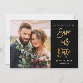 Reserve A Data Casamento com Foto Preta Caligrafia a Ouro Moderna