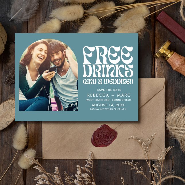 Reserve A Data Casamento com Foto Retroativa de Groovy Salve a Da (Groovy Retro Photo Wedding Save the Date)