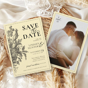 Reserve A Data Casamento com Foto Vintage Floral Preta e Amarela