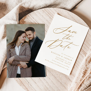 Reserve A Data Casamento com Fotografia de Caligrafia Dourada Ele