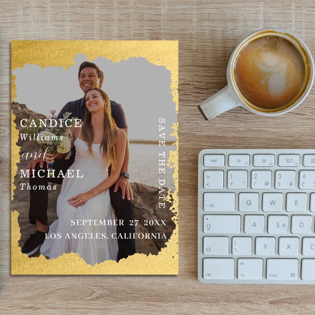 Reserve A Data Casamento com Fotografia de Quadro Dourado Moderno (Criador carregado)