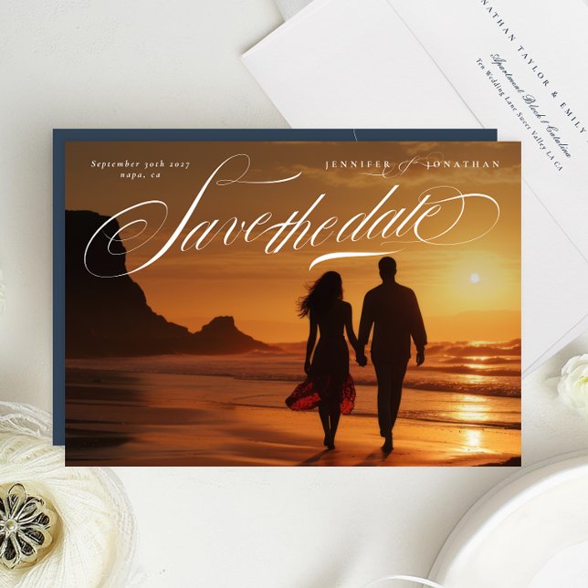 Reserve A Data Casamento com Fotografia do Script Branco Clássico (Criador carregado)