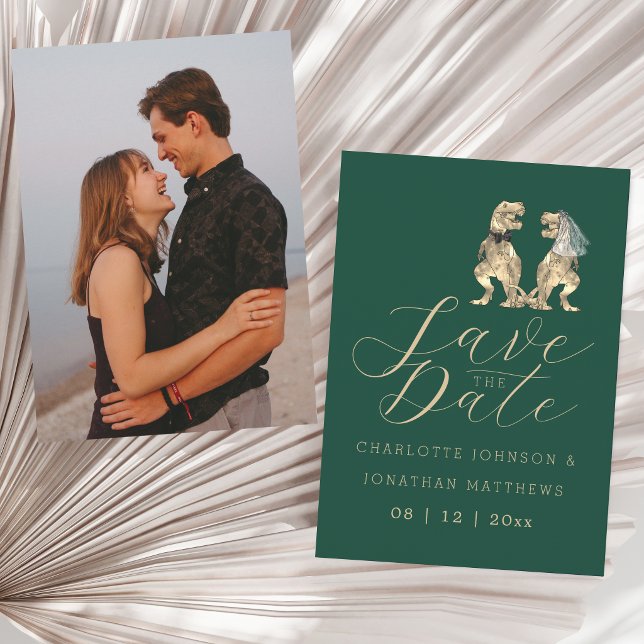 Reserve A Data Casamento com Fotos Temáticas de Dinossauros (Elegant minimalist dinosaur wedding save the date portrait photo green invitation)