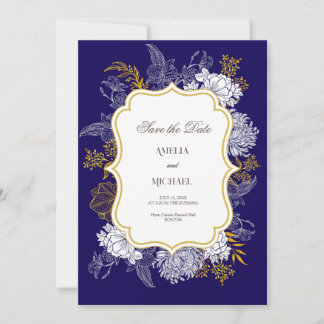 Reserve A Data Casamento com Gráfico de Botânica Dourada Azul