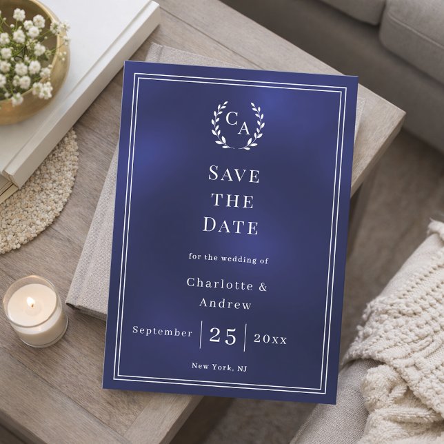 Reserve A Data Casamento com grinalda de monograma azul marinho (Criador carregado)