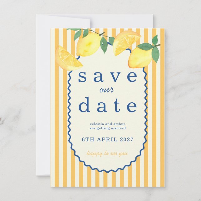 Reserve A Data Casamento com Limão Mediterrâneo Save the Date (Frente)