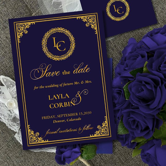 Reserve A Data Casamento com Moldura Clássica em Ouro e Monograma (Criador carregado)