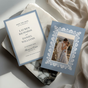 Reserve A Data Casamento com Moldura de Renda Azul Francês