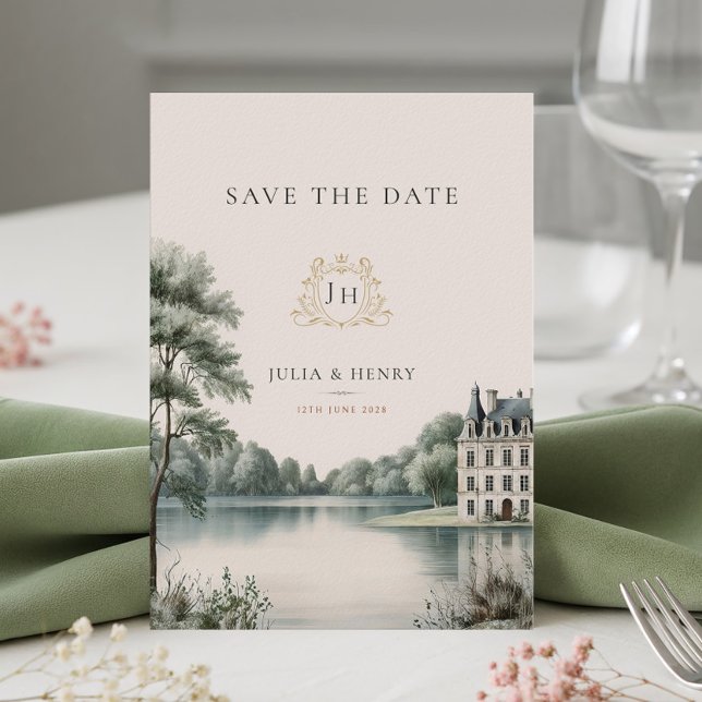 Reserve A Data Casamento com Monograma de Château Francês Elegant (Criador carregado)